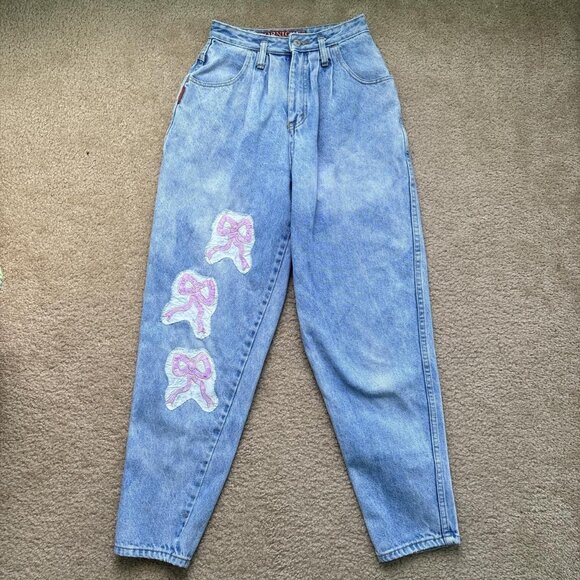 80's Patchwork Jeans Womens 6 Pink Bows High Waisted Coquette Cute Goth - Picture 4 of 8